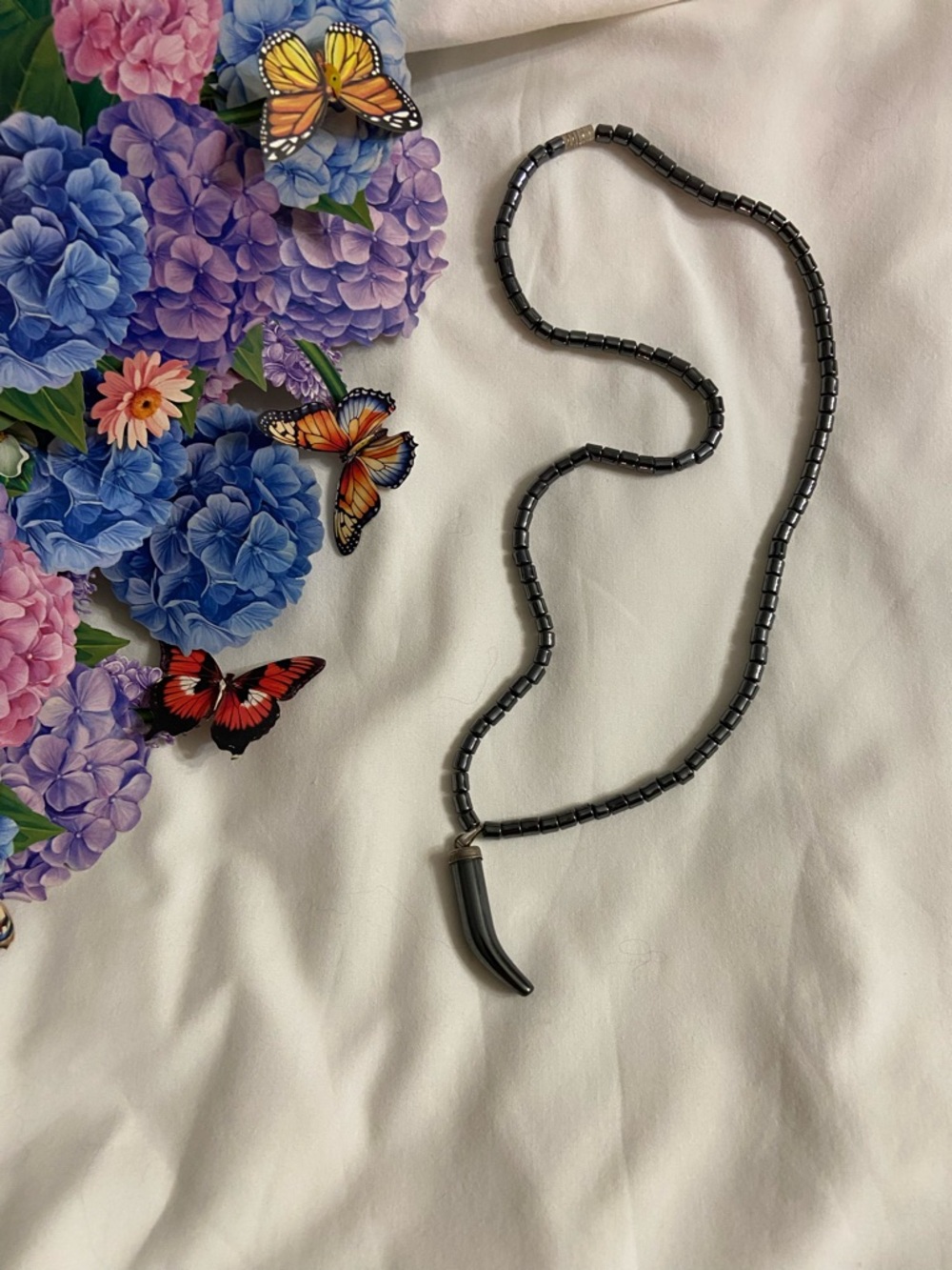 Polished Gunmetal Gray Hematite Bead Necklace with Horn Pendant 19”